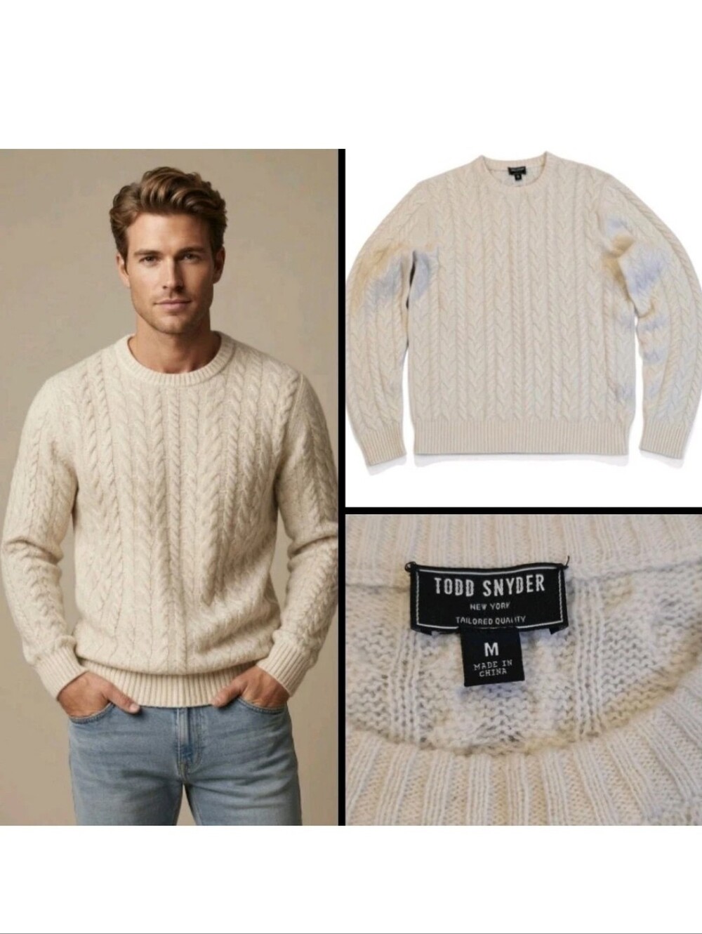 Todd Snyder Men’s Ivory 100% Lambswool Cable Knit Sweater Pullover! Size M